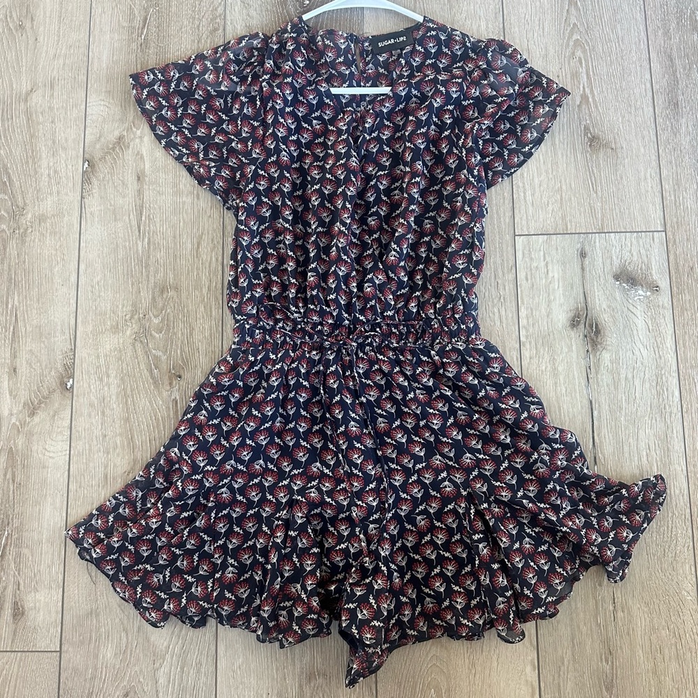 Vici Sugar Lips Navy Blue and Red Patterned Romper Tie Waist Flowy Summer Outfit